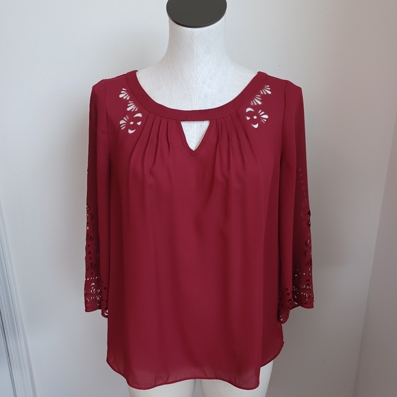 Anthropologie Maeve Blouse Laser Cut Detail Maroon Popover Womens size 4 - Picture 11 of 14